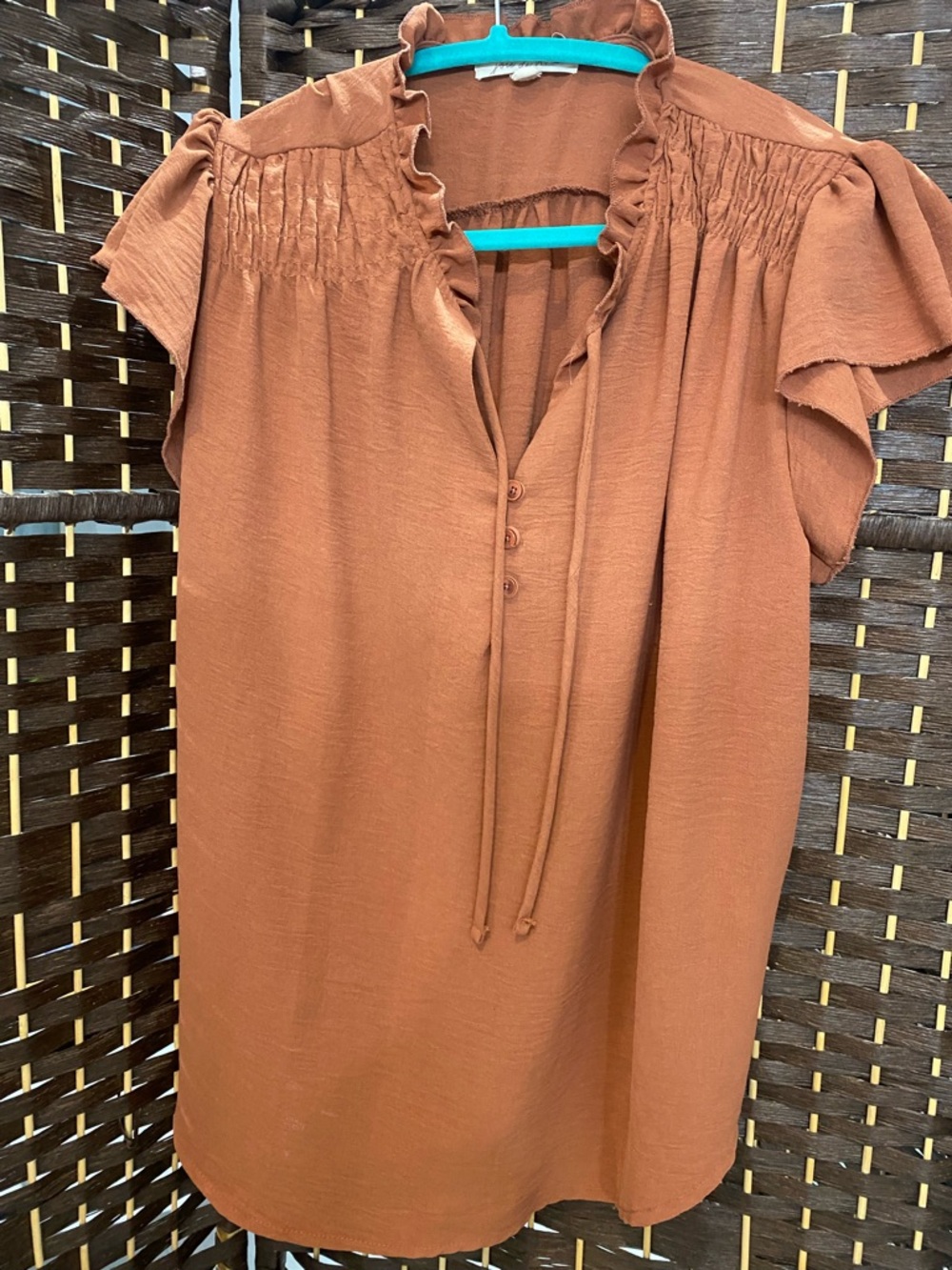 Women's Rust Brown Ruffle Neck Short Sleeve Top - Picture 2 of 3